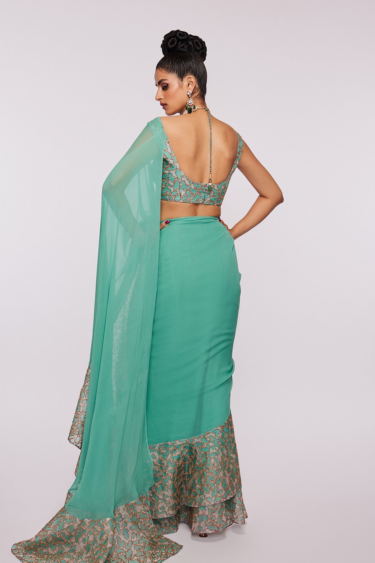 JADE - Sea Green Divergence Organza Animal Printed And Embellished Ruffle Saree And Blouse