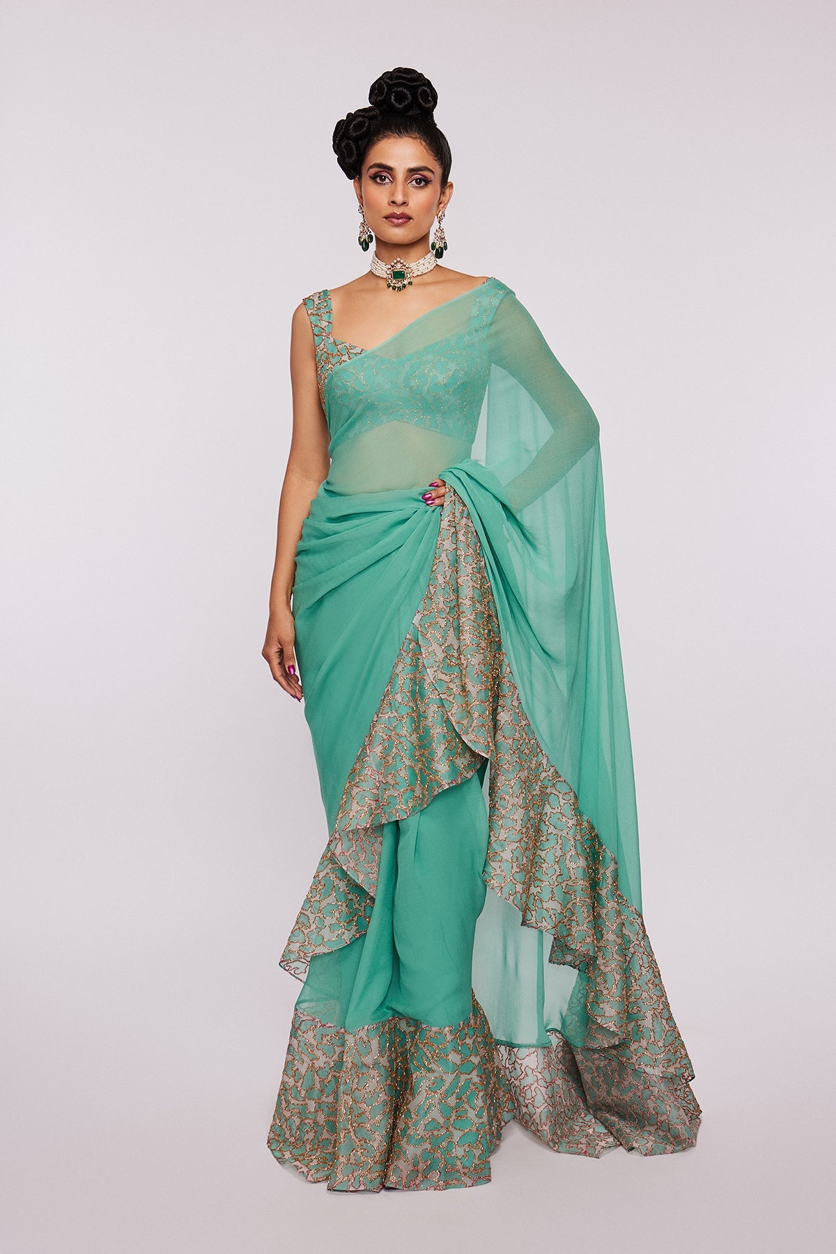 JADE - Sea Green Divergence Organza Animal Printed And Embellished Ruffle Saree And Blouse