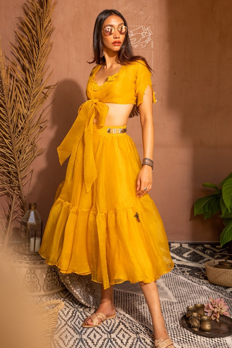 Mango bow crop set with the cherry dupatta