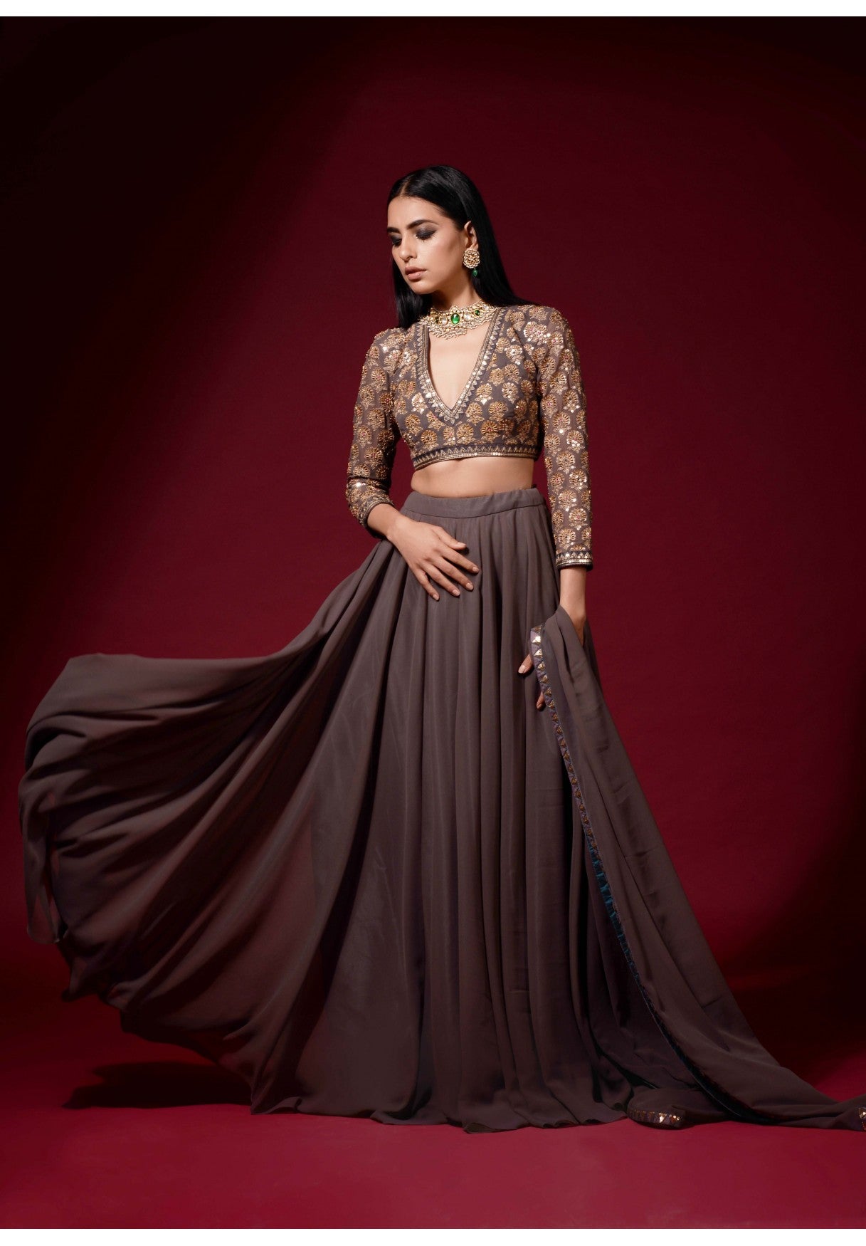 Charcoal Grey Lehenga Pant Set