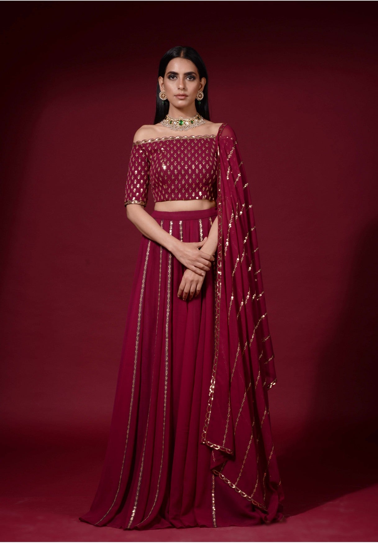 Wine Off Shoulder Blouse Lehenga Pants Set
