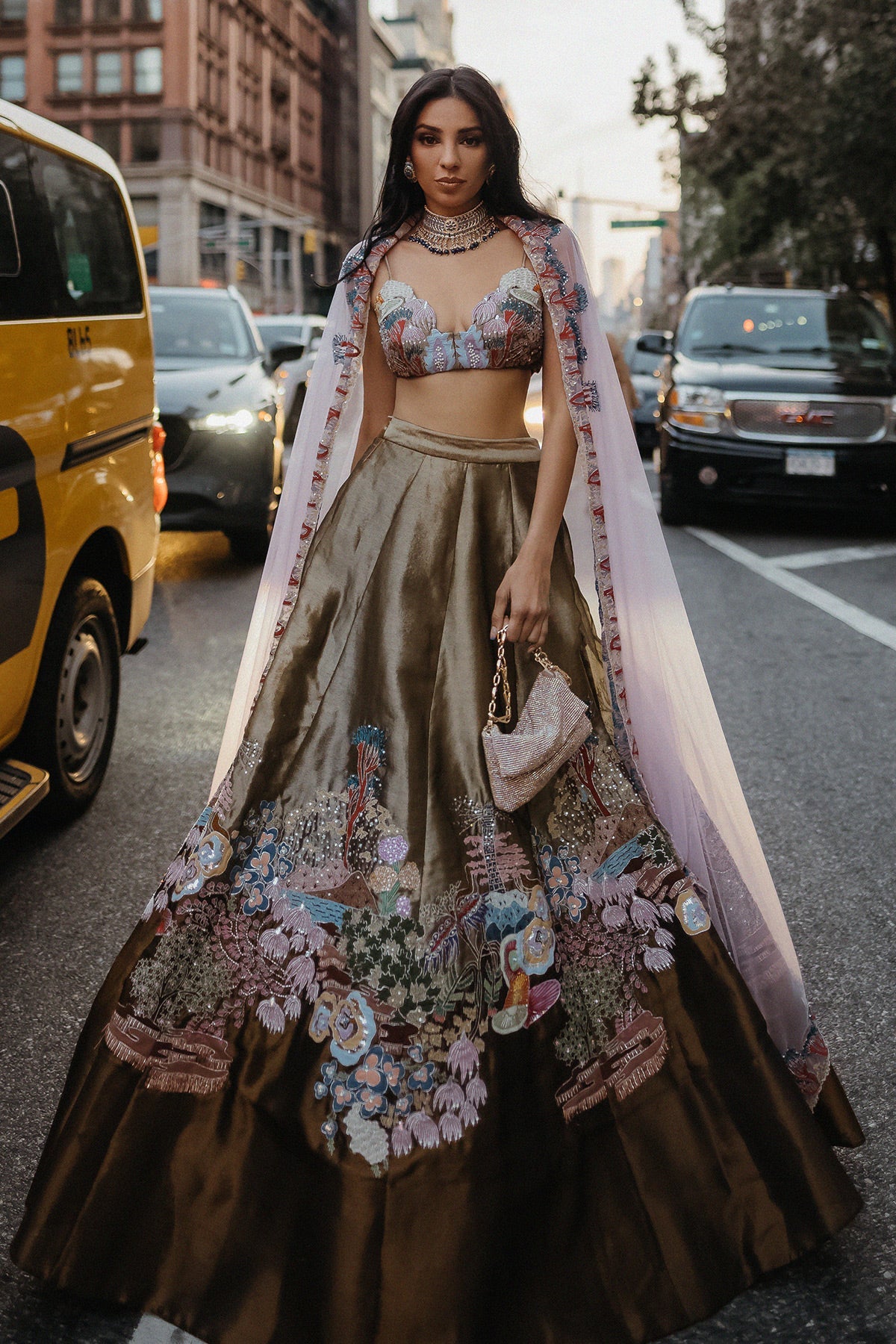 GILDA - Two Tone Antique Gold Tissue Appliquéd And Embellished Lehenga