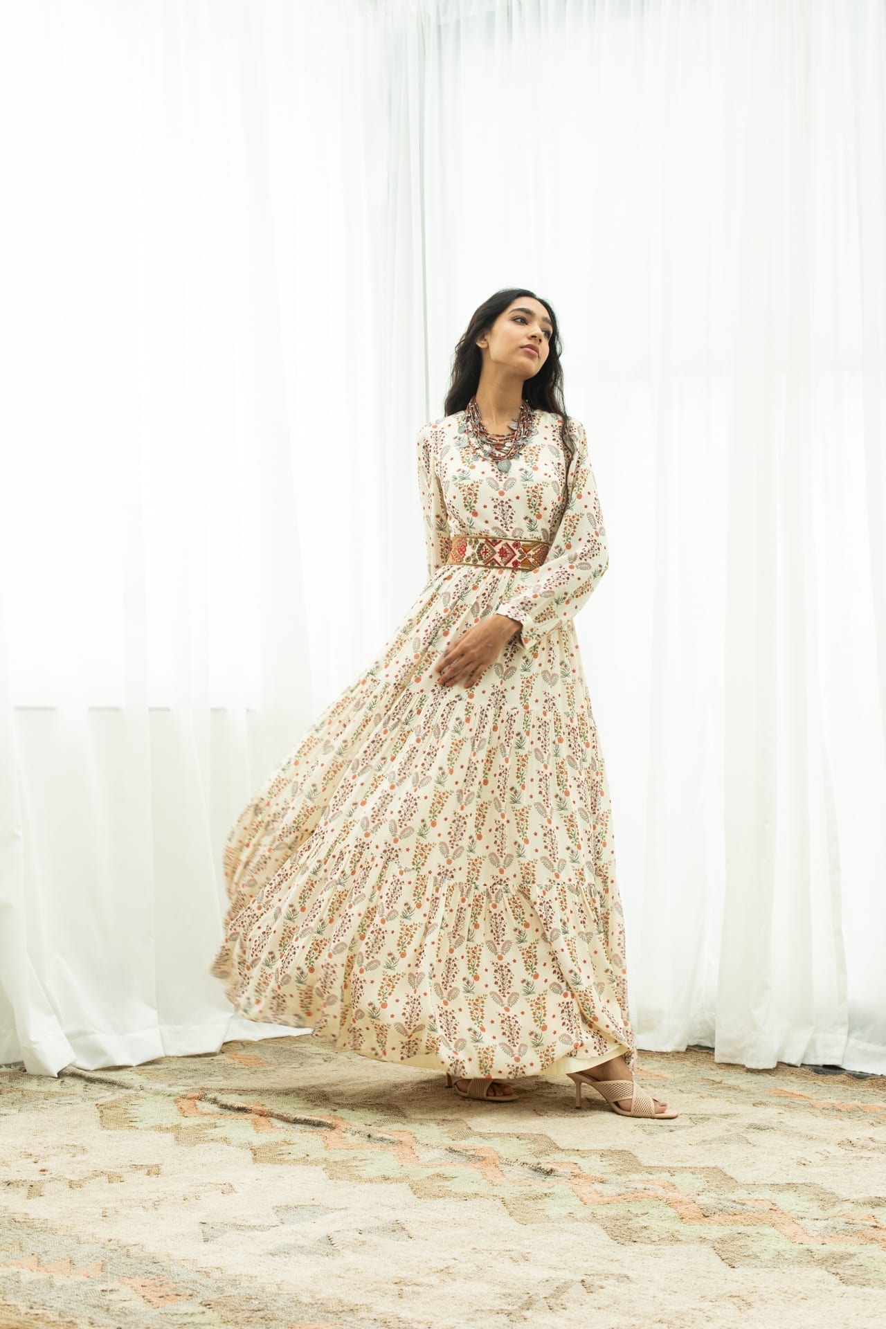 Off White Printed Maxi & Hand Embroidered Belt