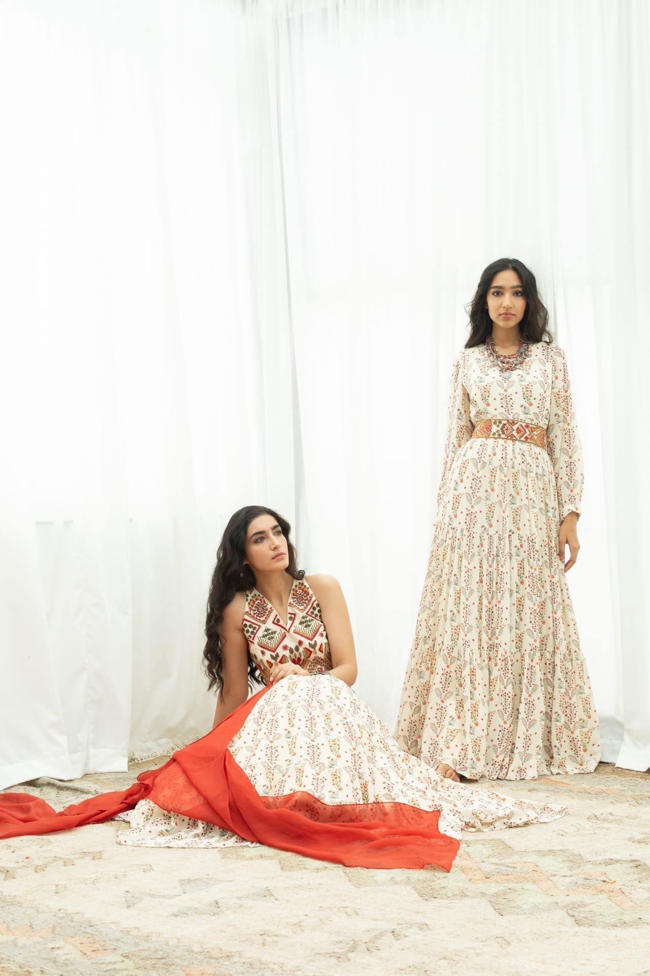 Off White Printed Maxi & Hand Embroidered Belt