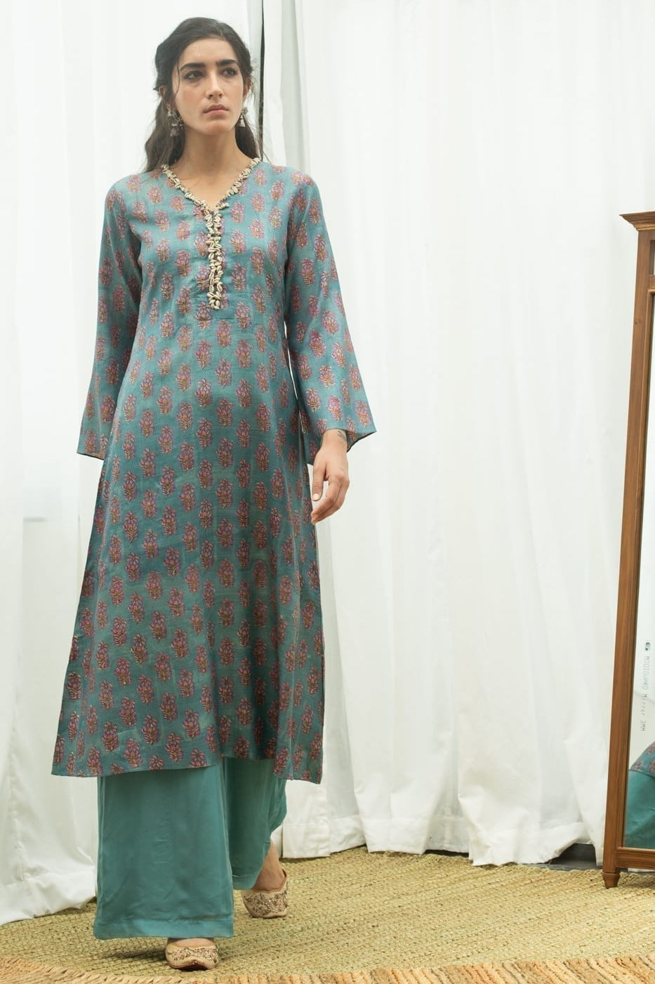 Block Printed Tussar Silk Kurta