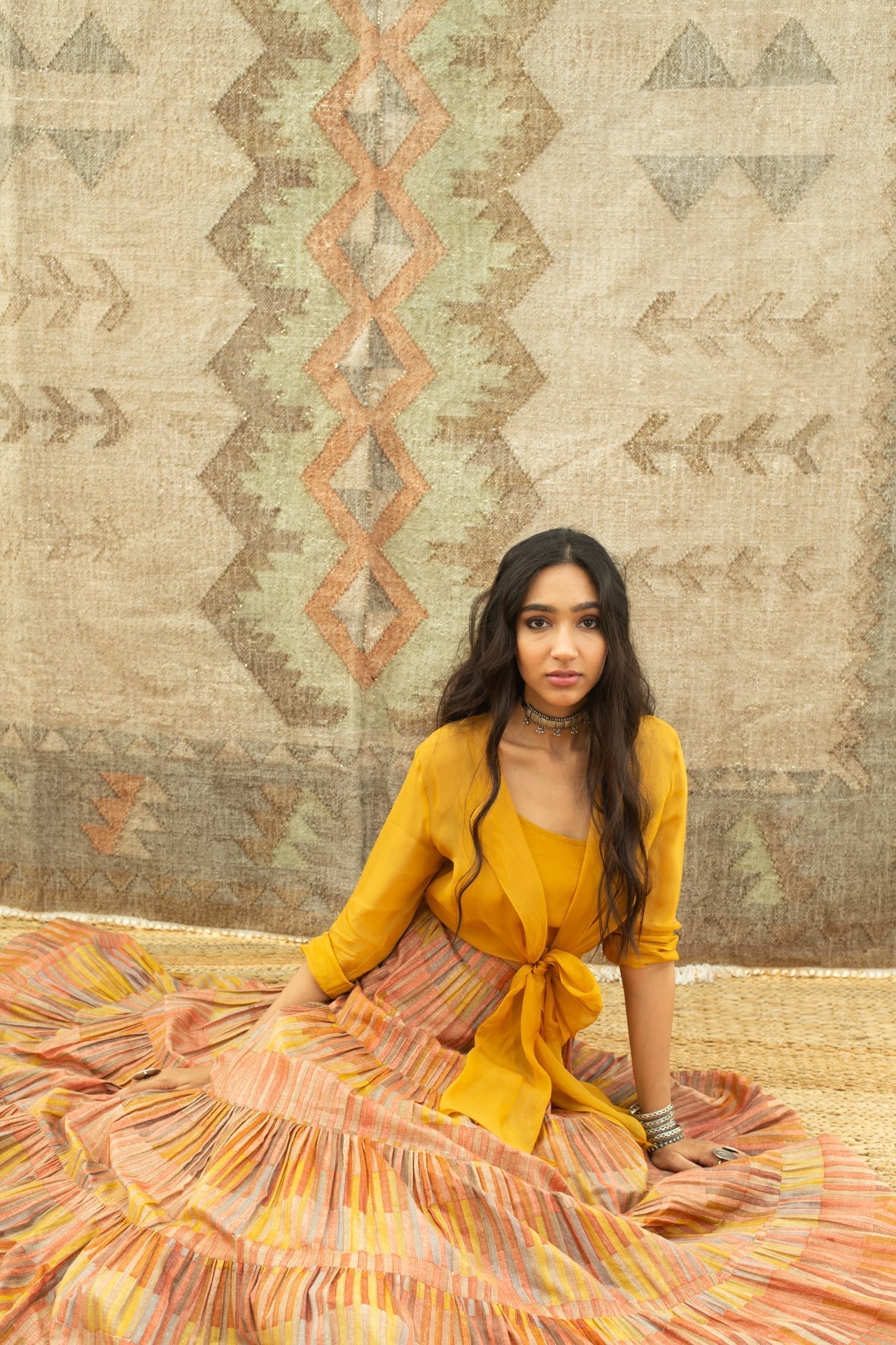 Mustard Lehenga & Organza Knotted Shirt