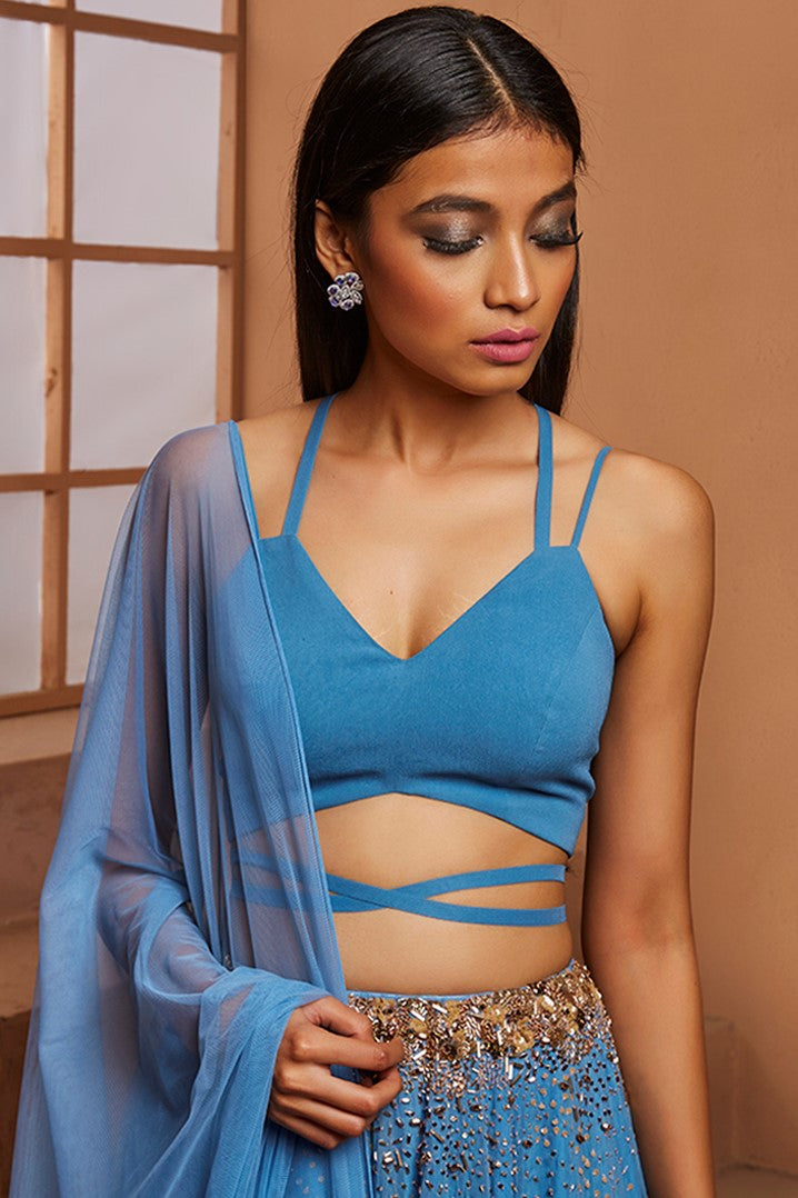 BLUE CROP BLOUSE & EMBELLISHED LEHENGA