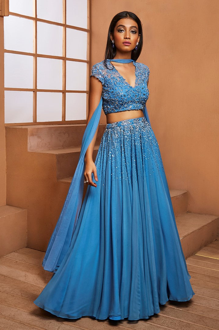 BLUE CAP SLEEVE EMBELLISHED BLOUSE & LEHENGA