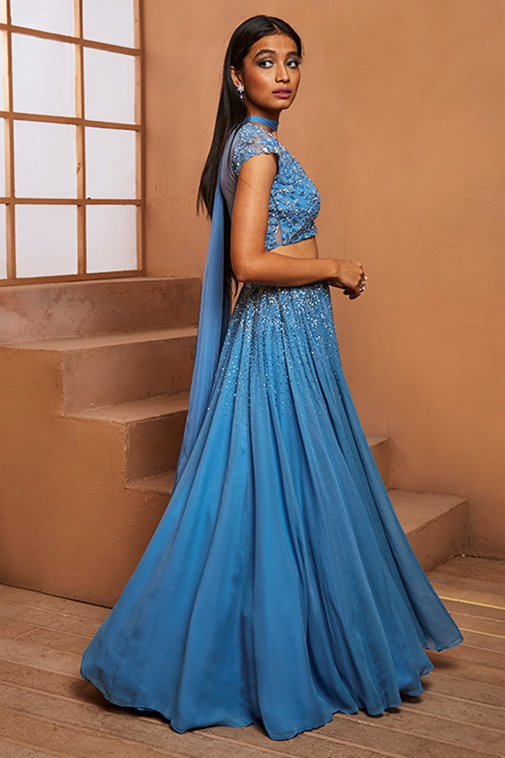 BLUE CAP SLEEVE EMBELLISHED BLOUSE & LEHENGA