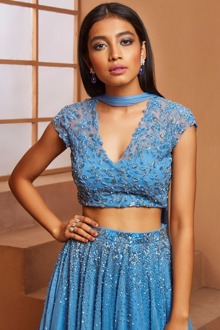 BLUE CAP SLEEVE EMBELLISHED BLOUSE & LEHENGA
