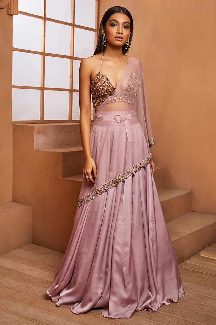 LILAC LEHENGA WITH GOLD BRALET SET