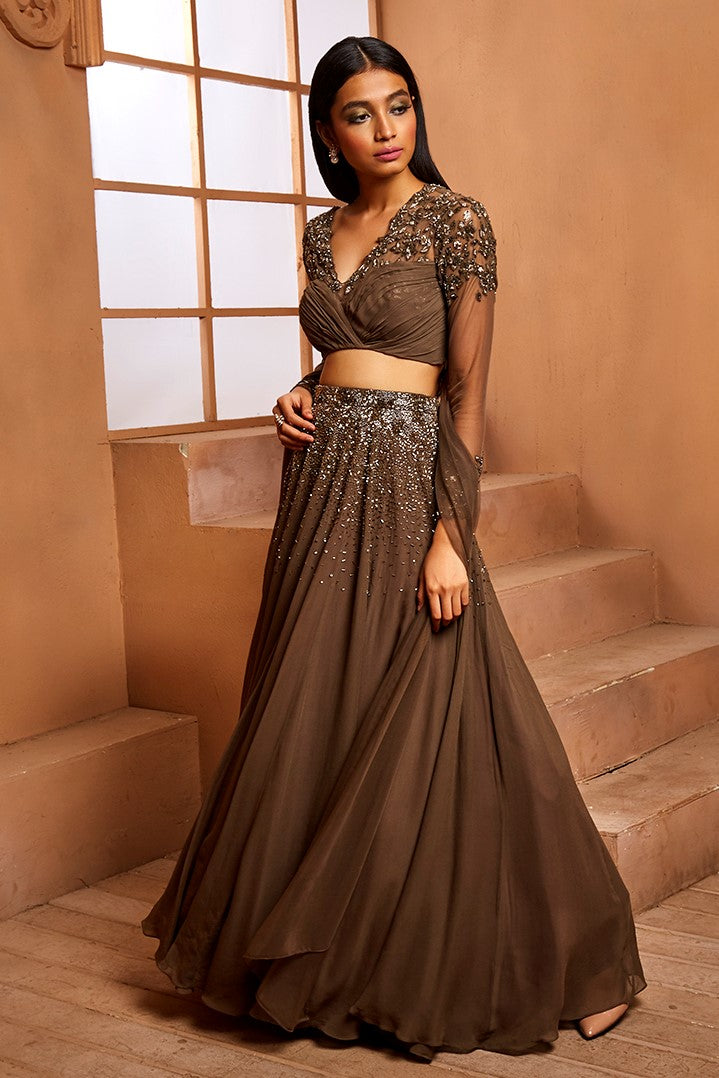 MILITARY GREEN EMBELLISHED LEHENGA