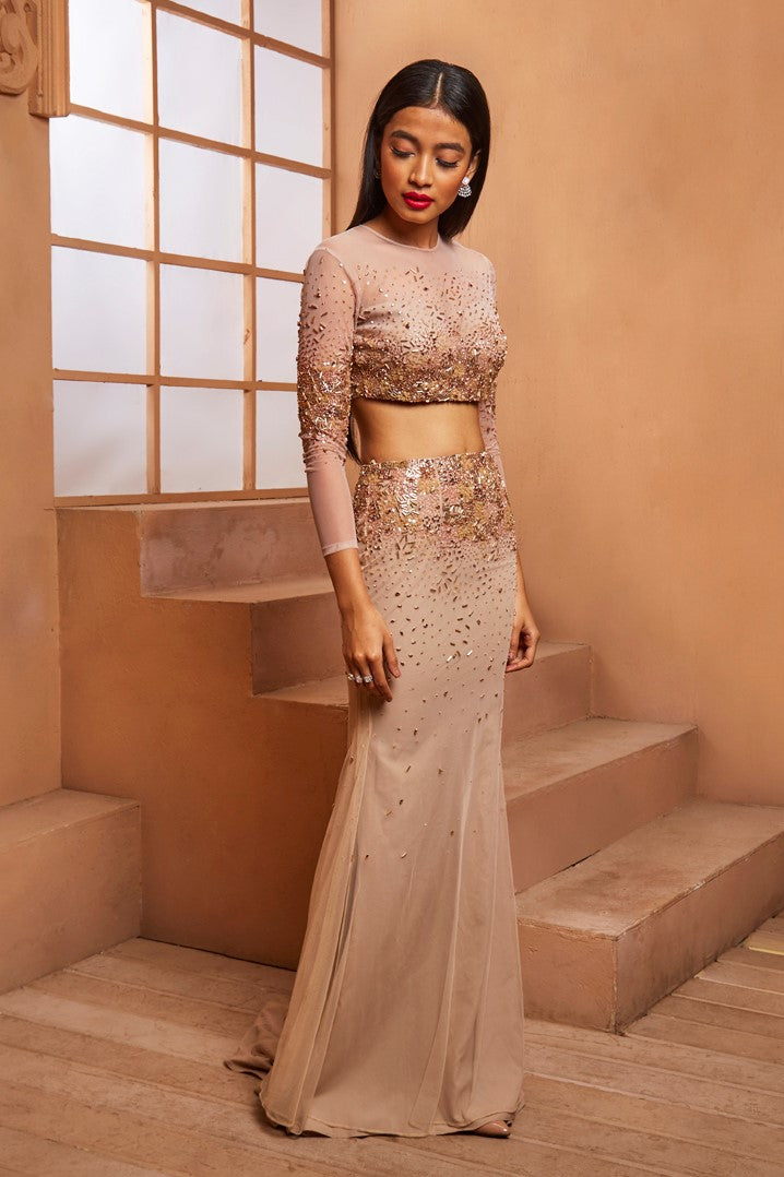 shloka khialani Rose Gold Embellished Blouse and Mermaid Skirt 00 / Regular