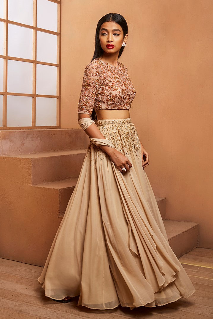 GOLD ROSETTE BLOUSE & EMBELLISHED LEHENGA