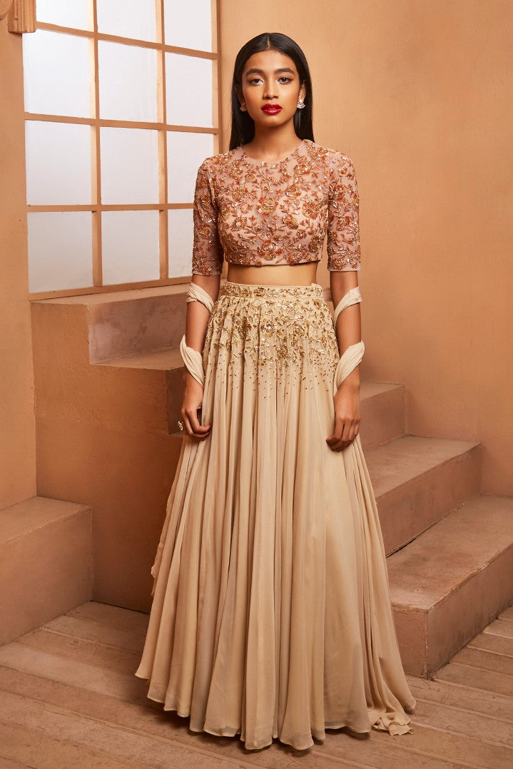 GOLD ROSETTE BLOUSE & EMBELLISHED LEHENGA