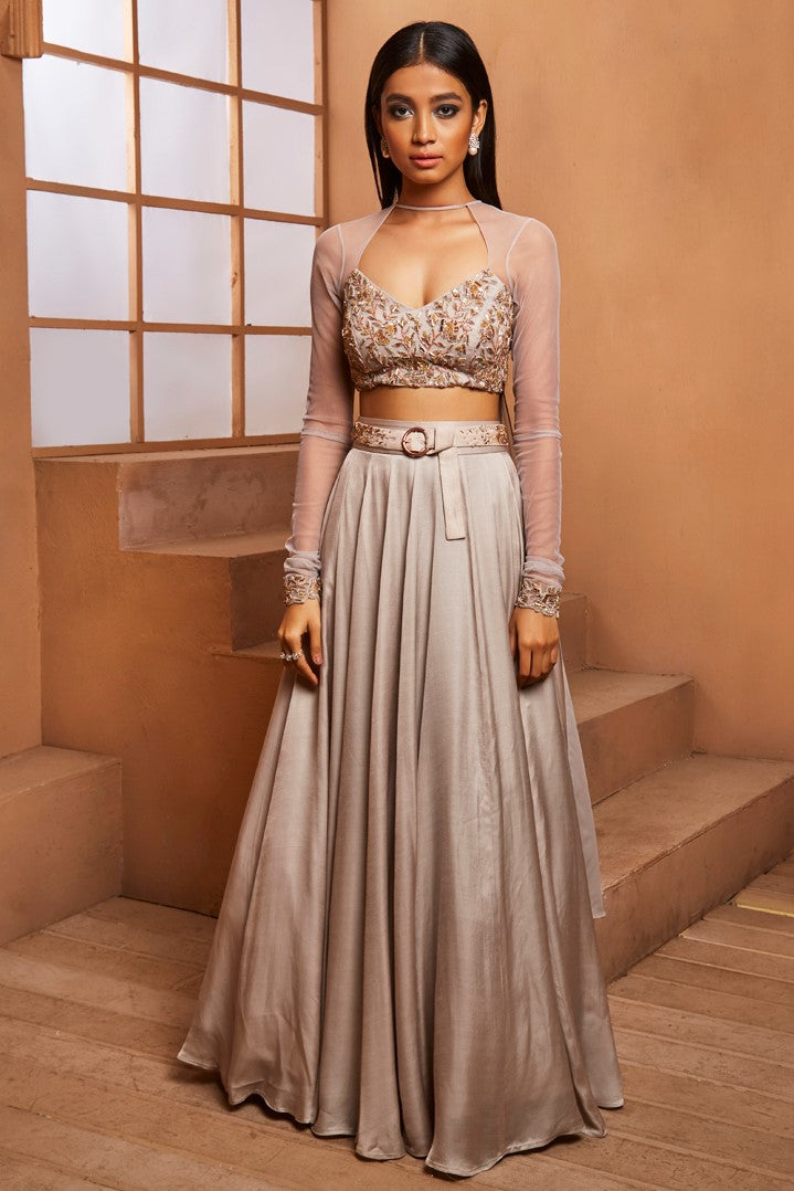 GREY BLOUSE WITH ATTACHED DUPATTA DRAPE & LEHENGA