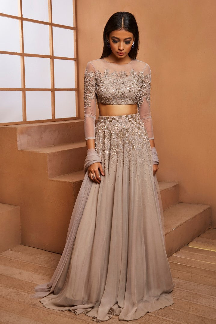 GREY EMBELLISHED BLOUSE & EMBELLISHED LEHENGA
