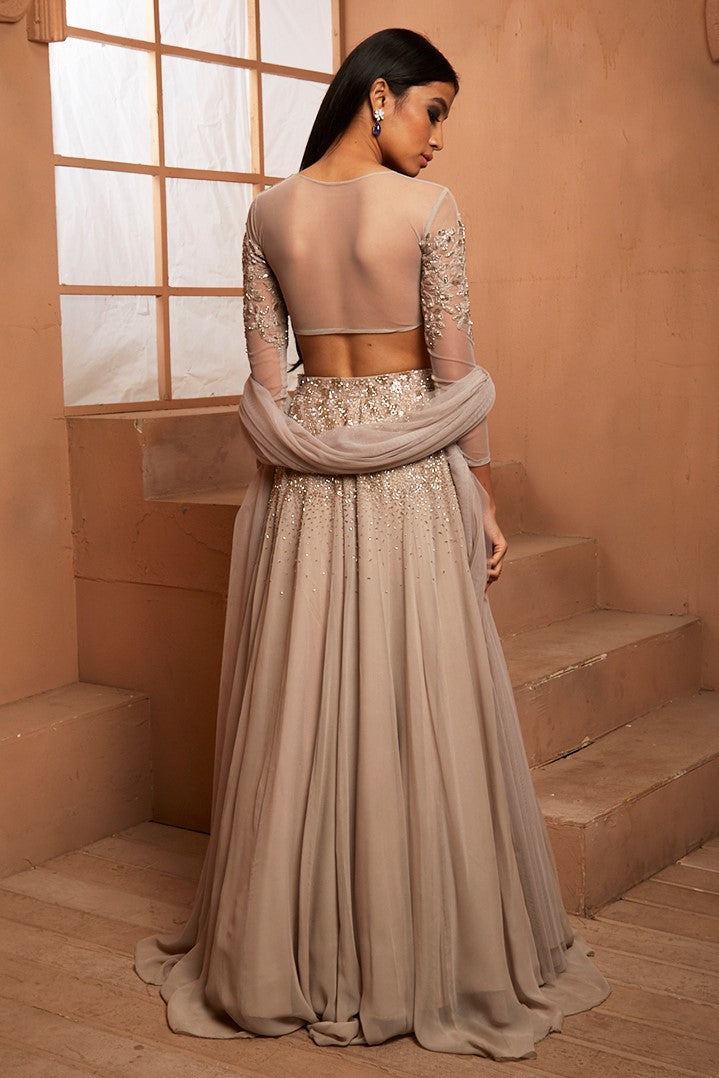 GREY EMBELLISHED BLOUSE & EMBELLISHED LEHENGA