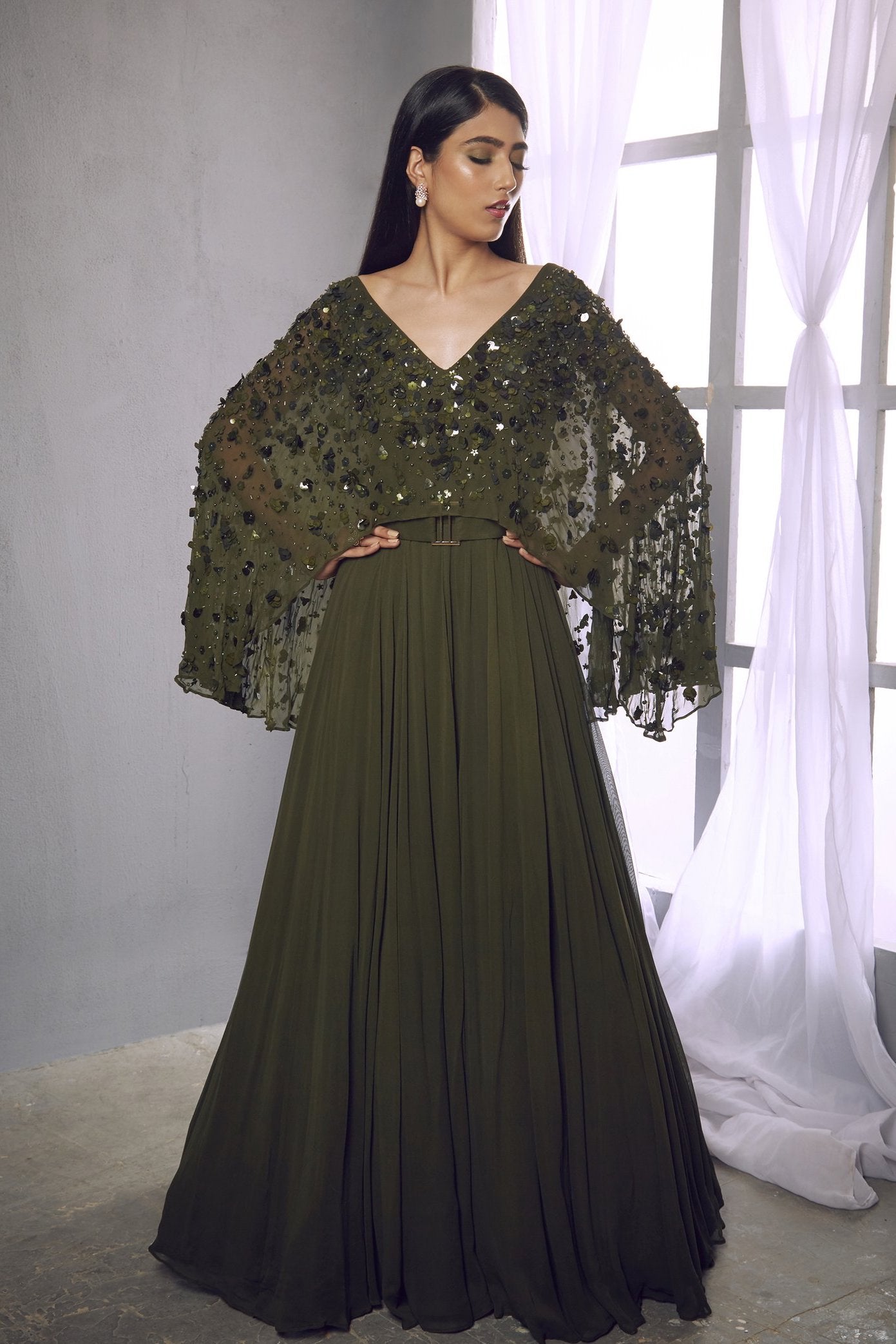 Olive Cape Anarkali Gown 14 / Custom