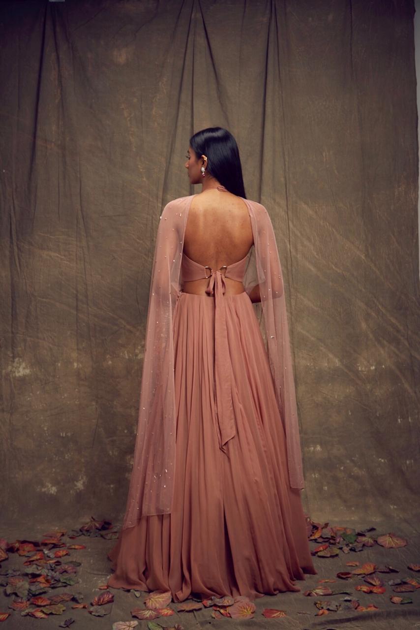 Dusty Rose Lehenga with Geometric Cut Out Blouse