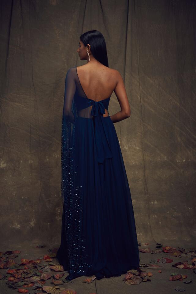 One Shoulder Blue Net Drape Gown