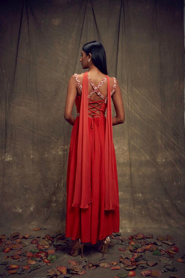 Coral Asymmetic Overlap Anarkali