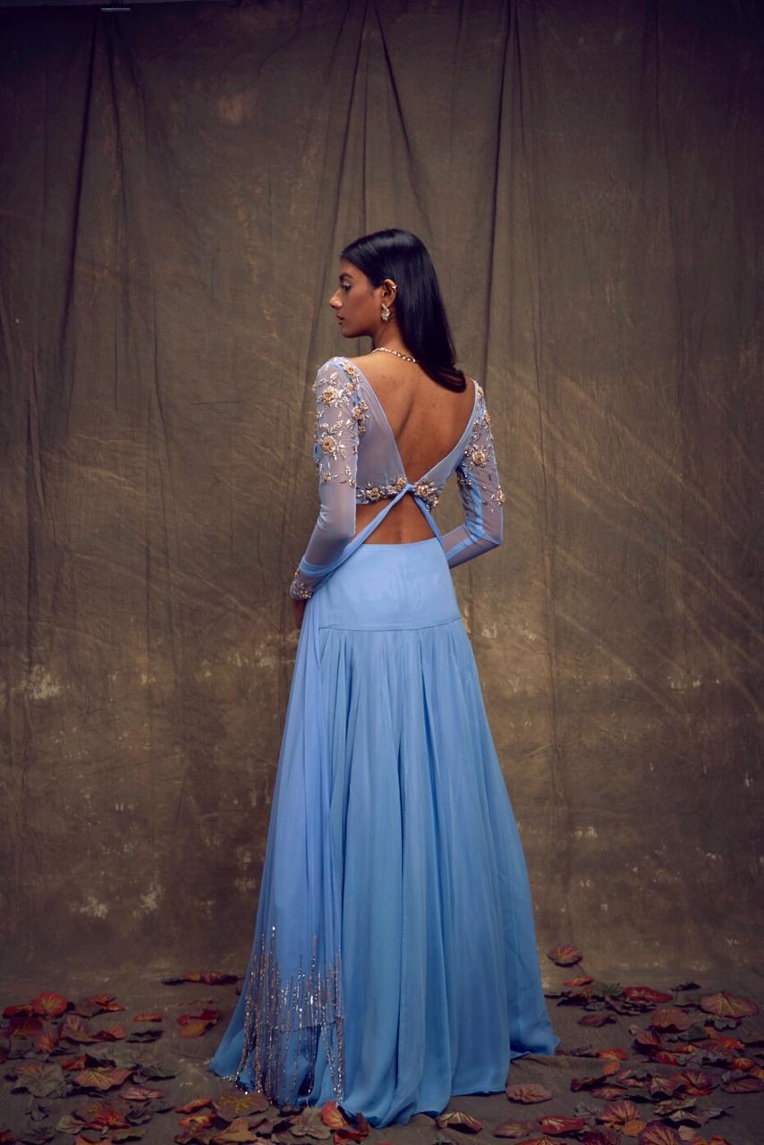 Light Blue Lehenga with Embellished Long Sleeve Blouse