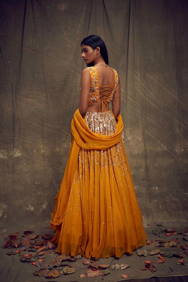 Sleeveless Embellished Mustard Lehenga