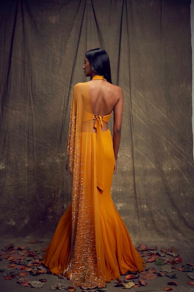 Mustard Fishtail Skirt and High Neck Blouse