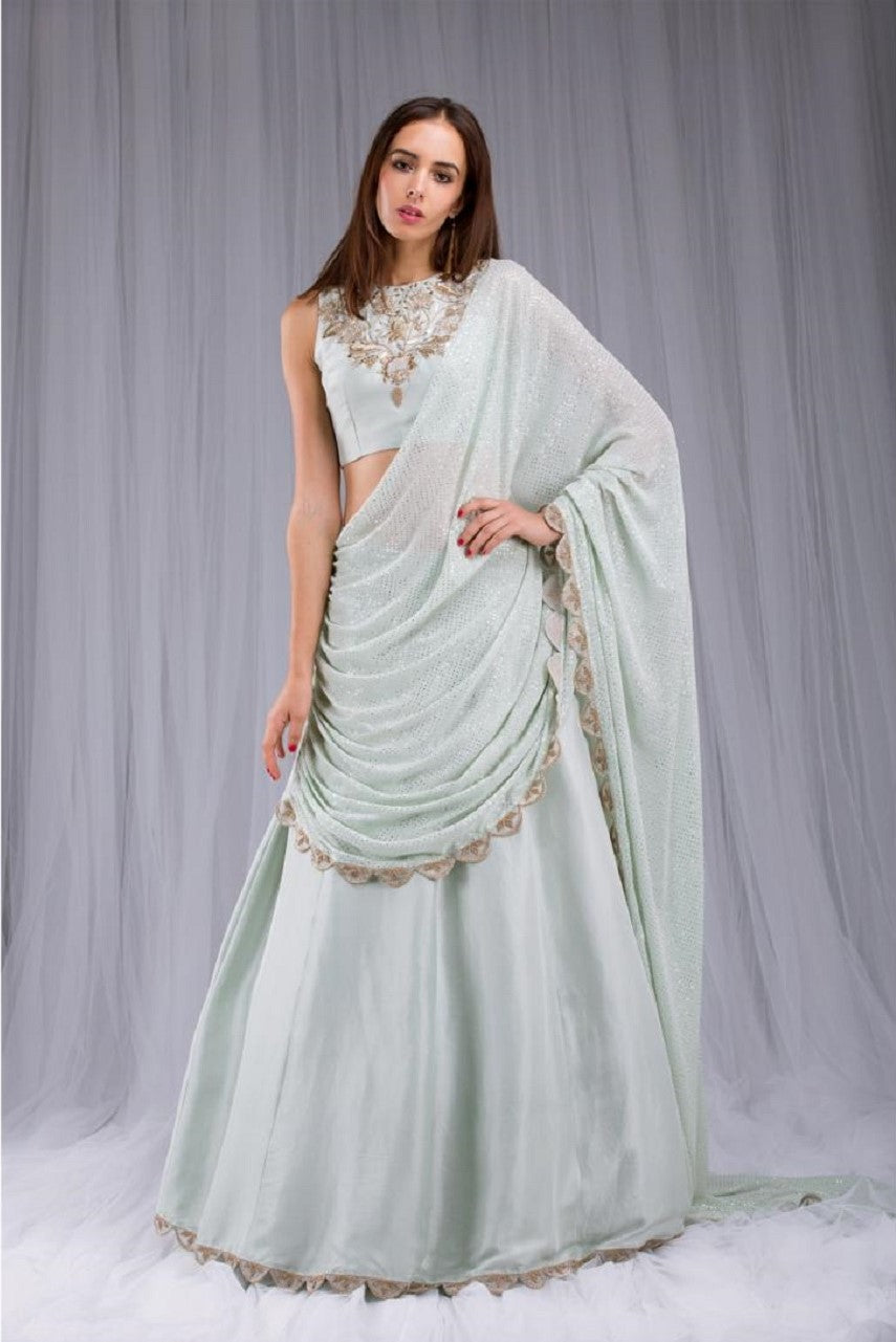 Mint Embroidered Draped Lehenga Saree