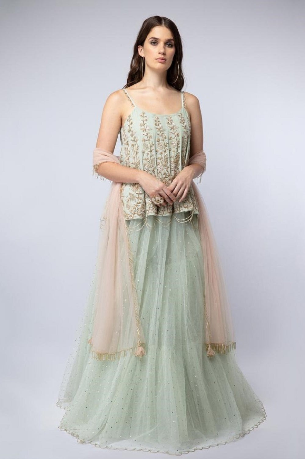 Mint Embroidered Short Anarkali-Lehenga
