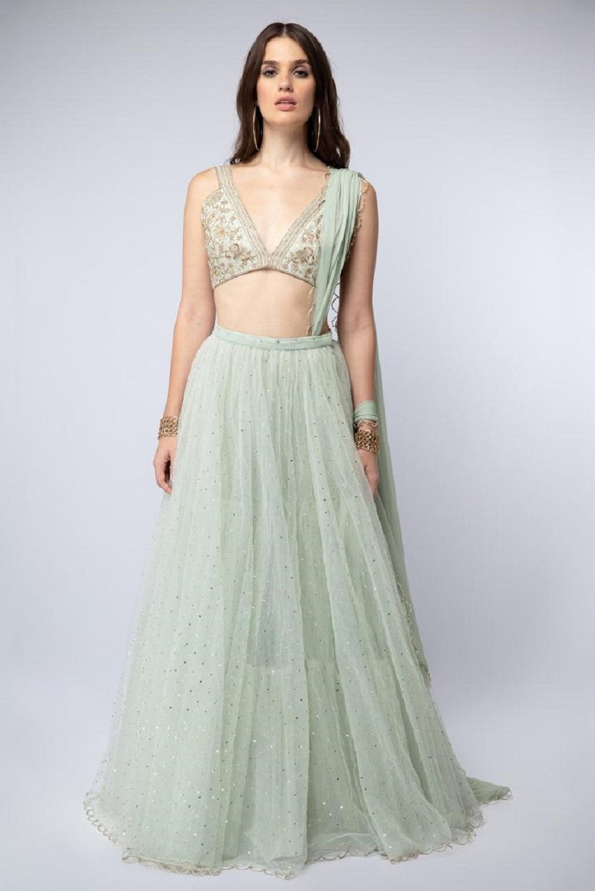 Mint V-Neck Embroidered Lehenga