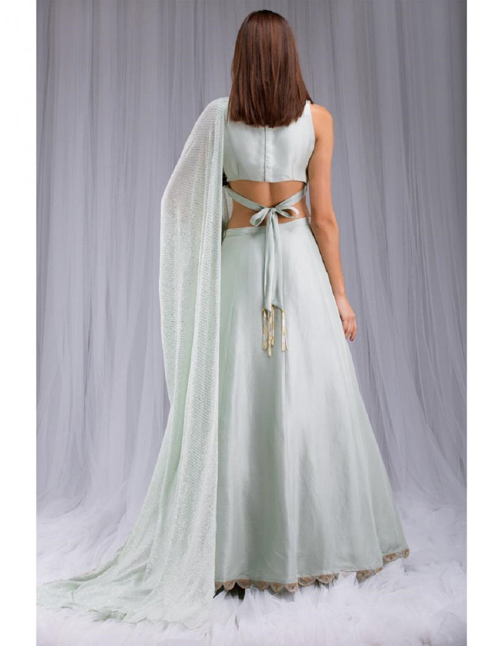 Mint Embroidered Draped Lehenga Saree