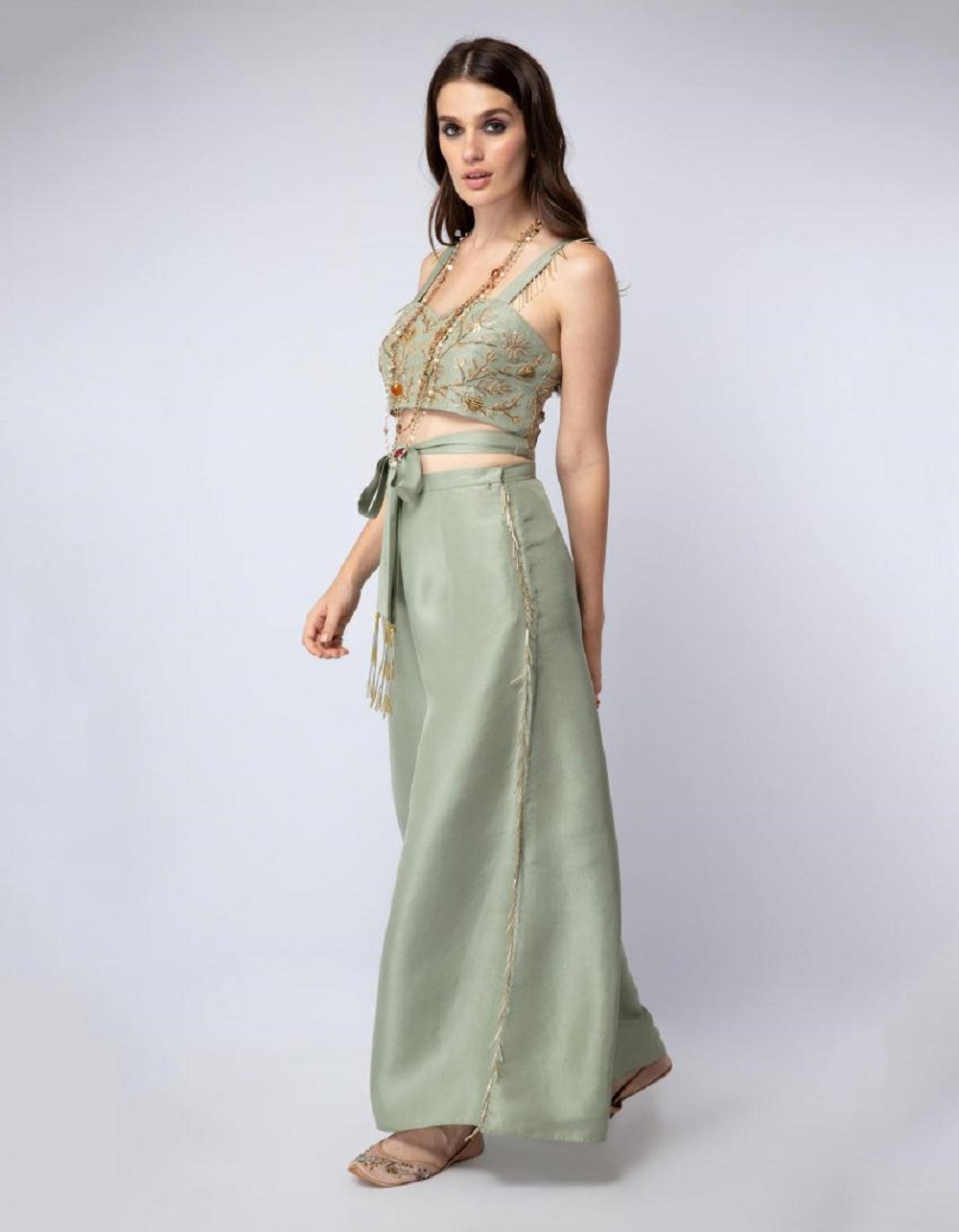 Mint Tie-Up Blouse with Palazzo Pants