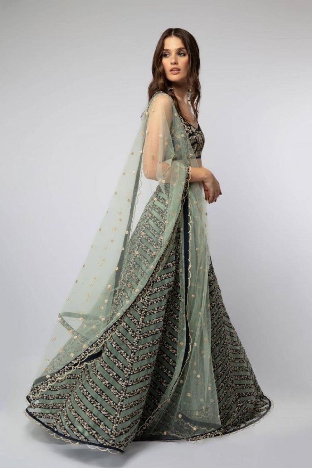 Navy Embroidered and Striped Lehenga