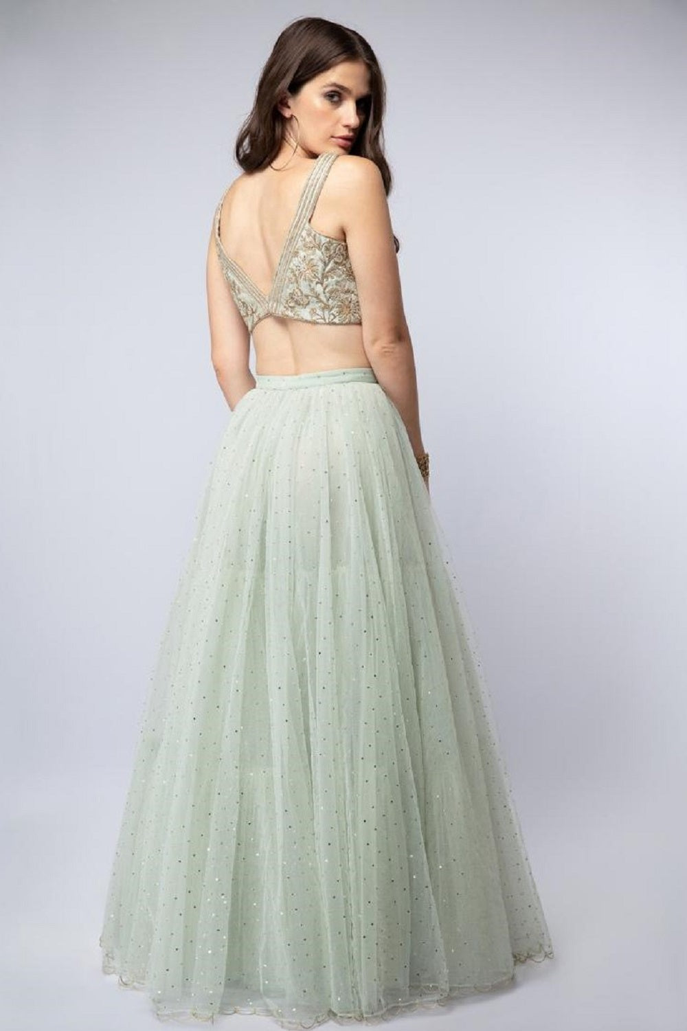 Mint V-Neck Embroidered Lehenga