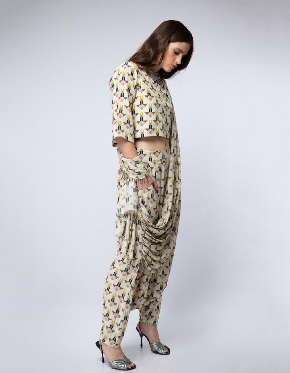 Arrow Print Crop Top with Dhoti Pants