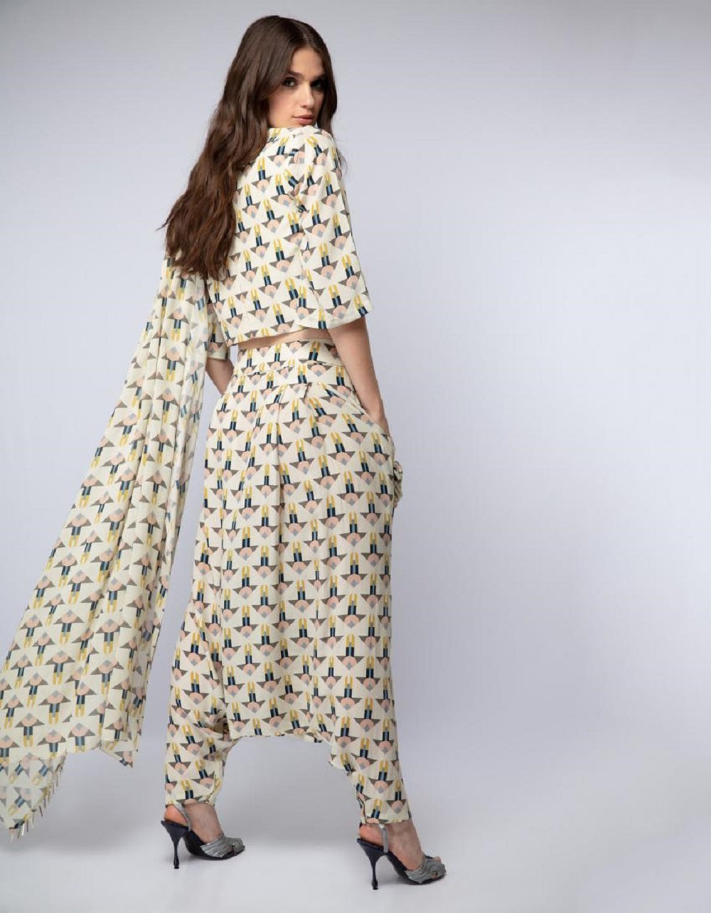 Arrow Print Crop Top with Dhoti Pants
