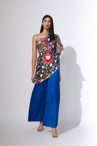 Periwinkle Bandhani Print, Hand Micro Pleated Cross Over Bustier Maxi