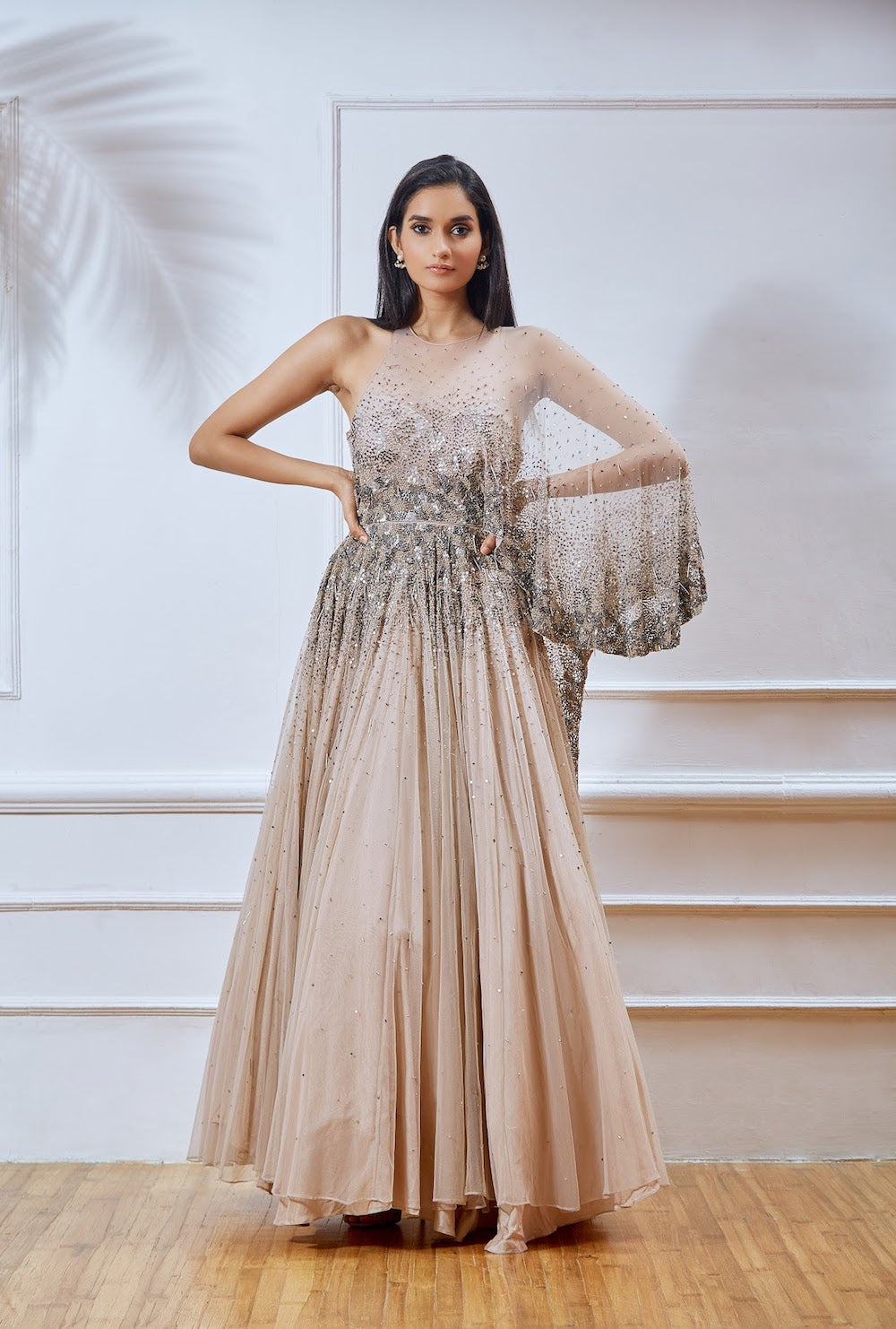 Nude Embellished Net Cape