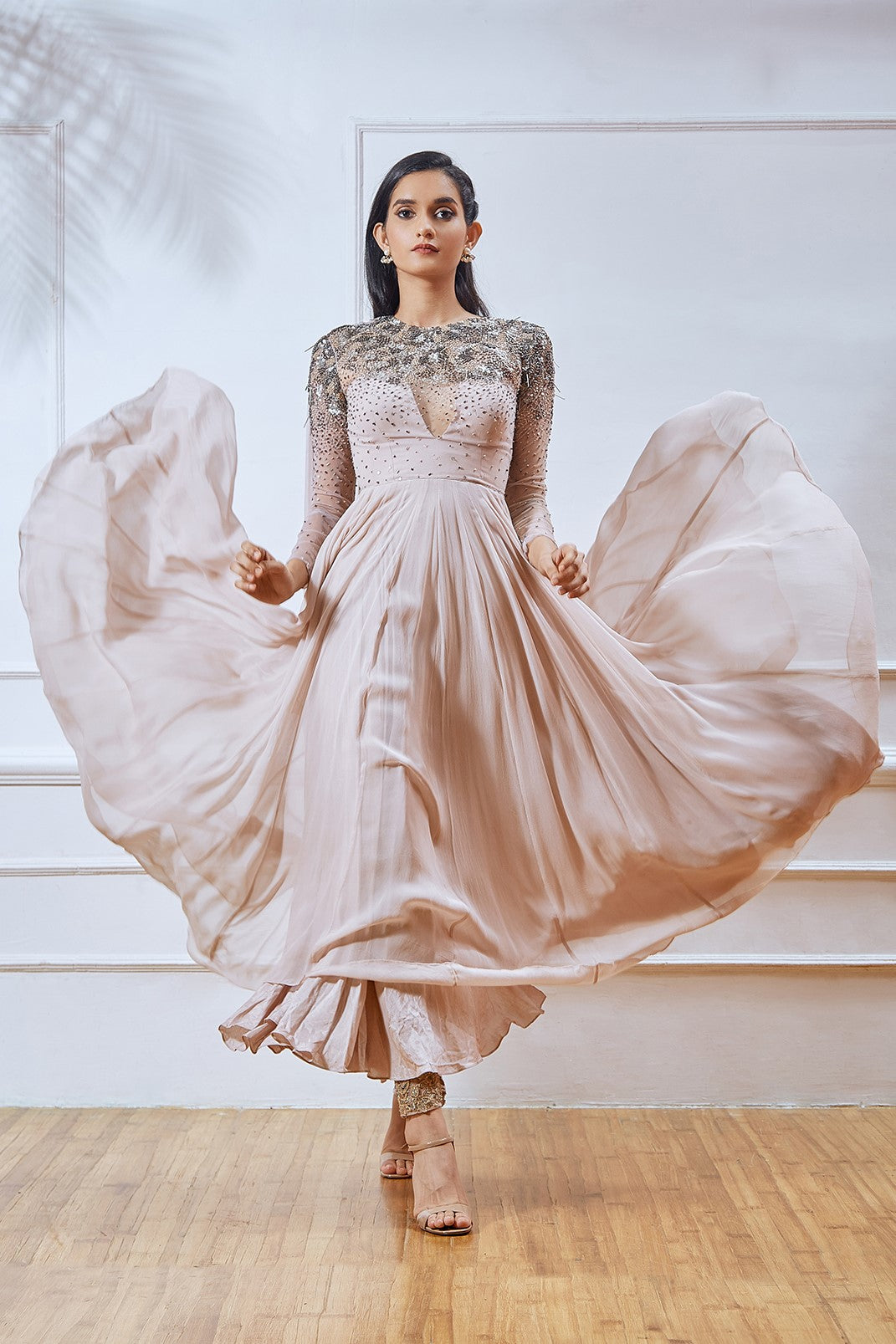 Dusty Pink Full Sleeve Embellished Short Anarkali