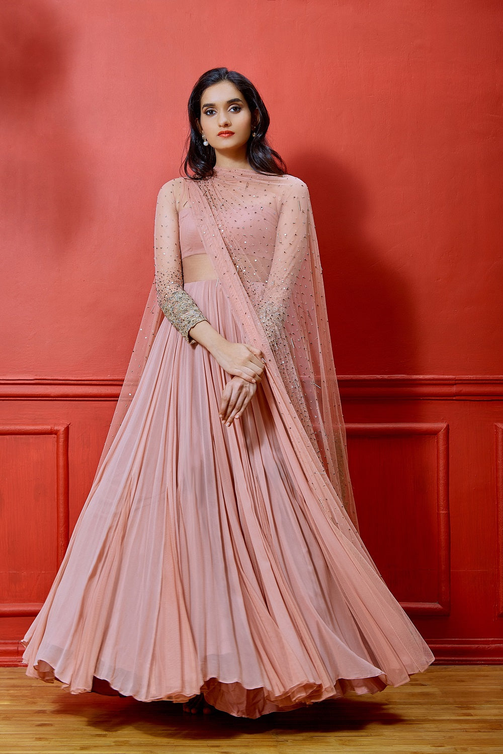 Pink Full Sleeve Anarkali with Embellished Dupatta Short