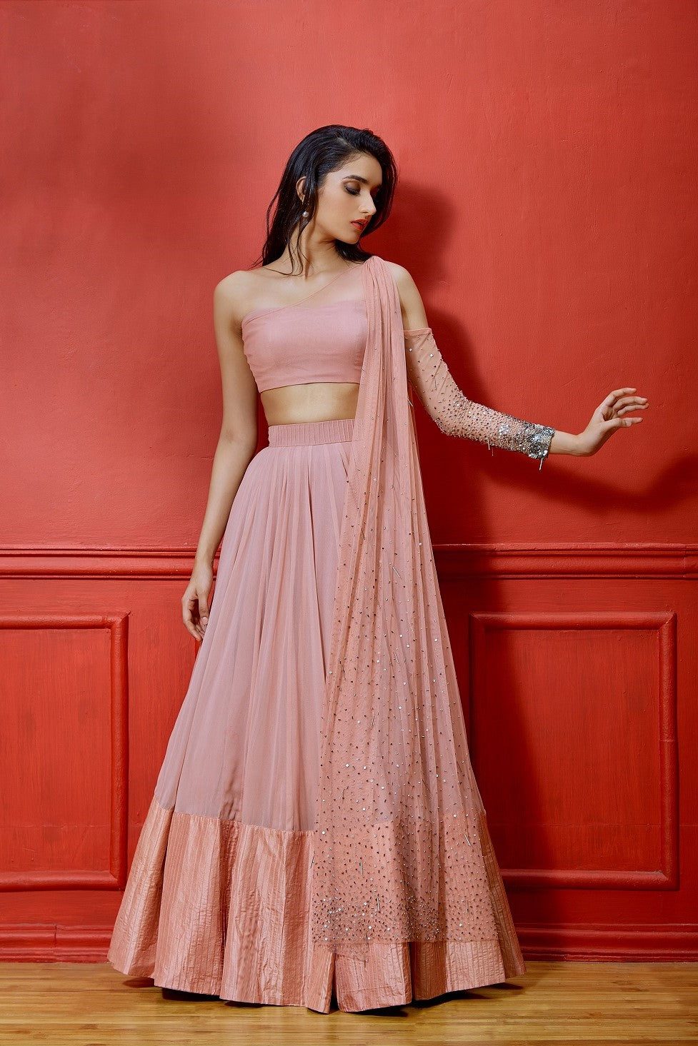 Pink One Shoulder Lehenga