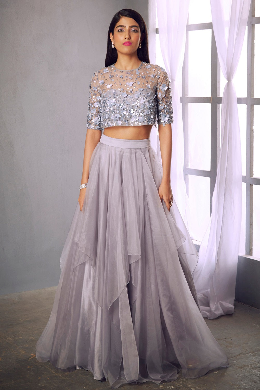 Lilac grey embellished blouse with layered skirt
