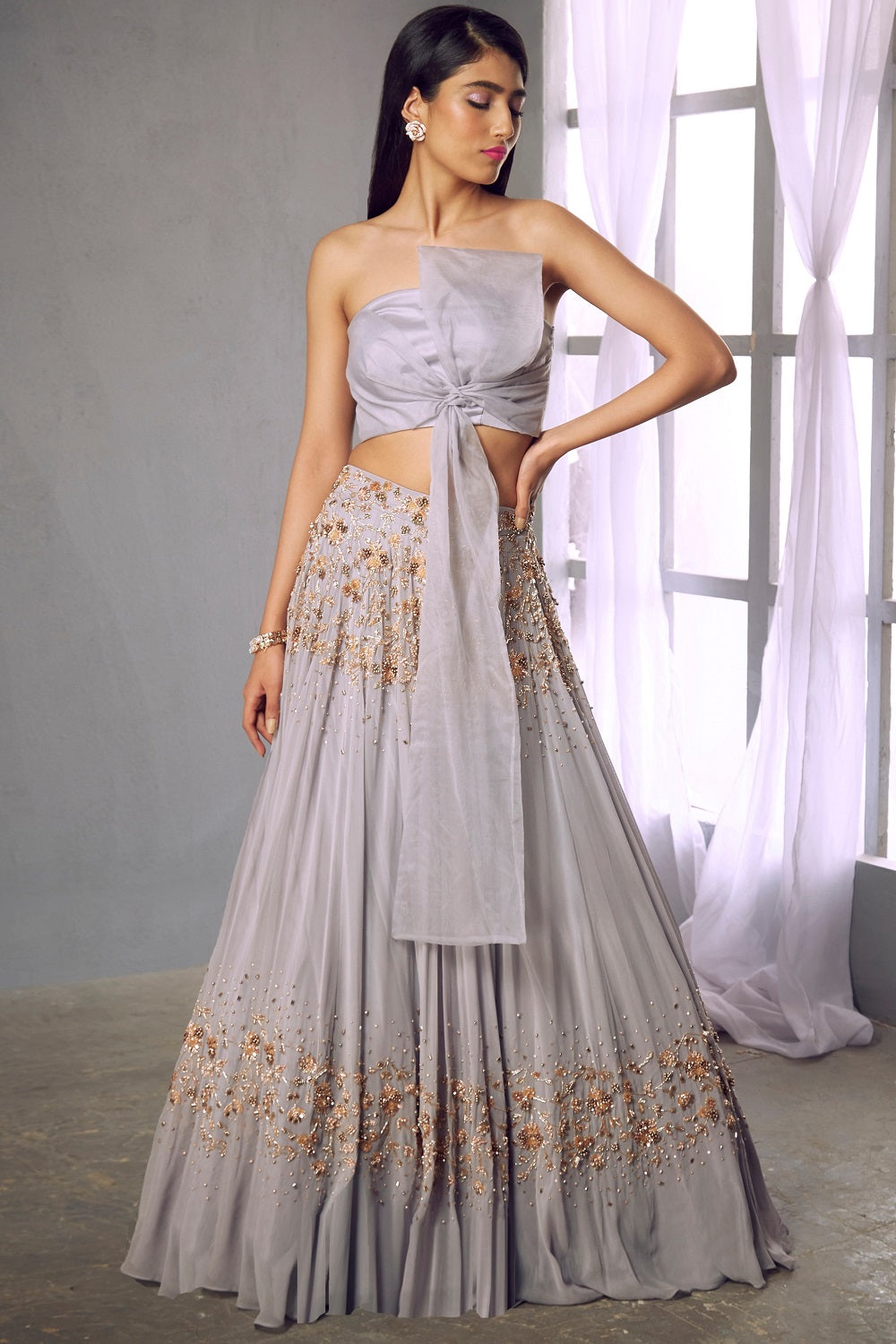 Lilac grey embellished lehenga with ribbon blouse