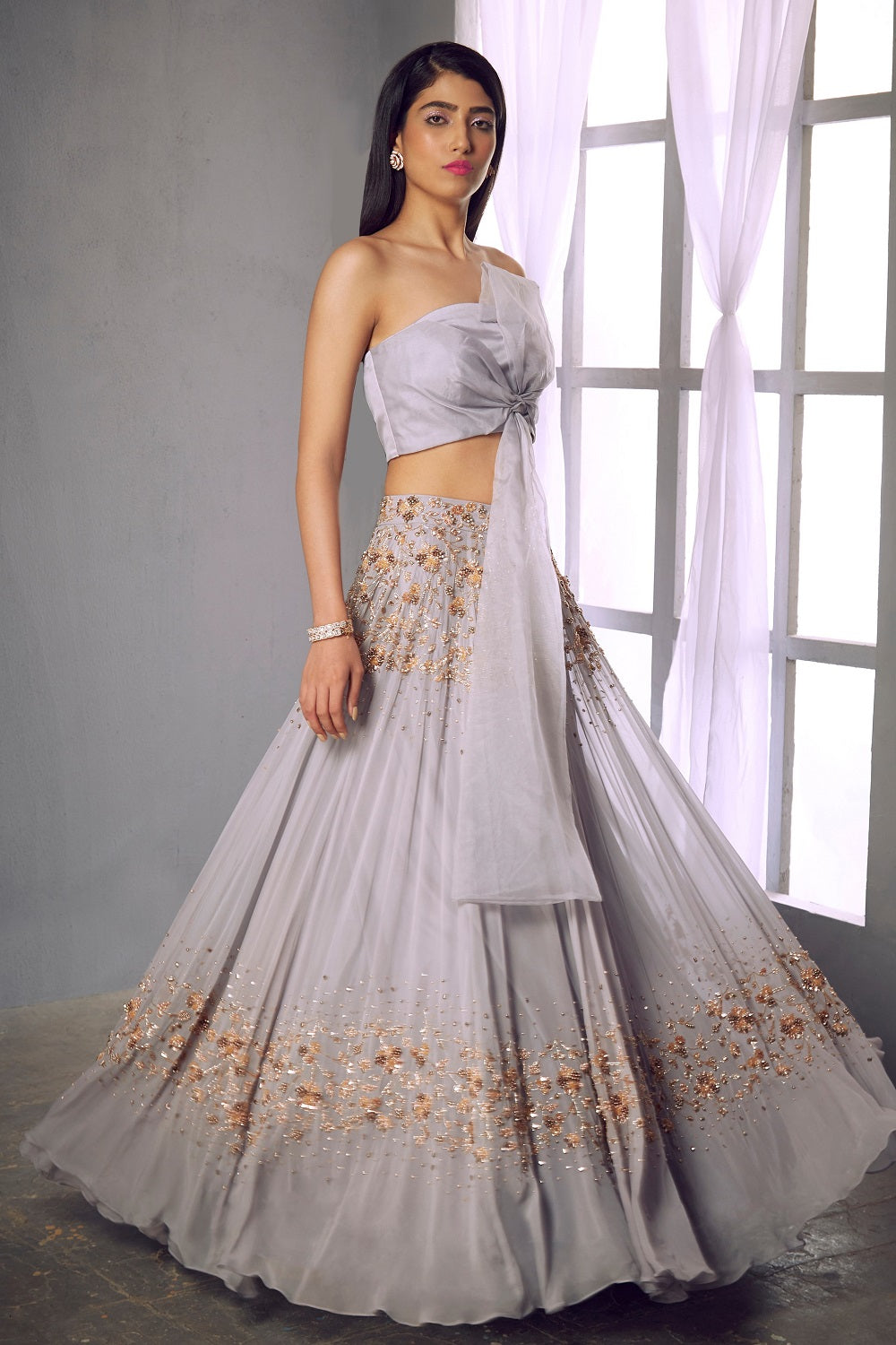 Lilac grey embellished lehenga with ribbon blouse