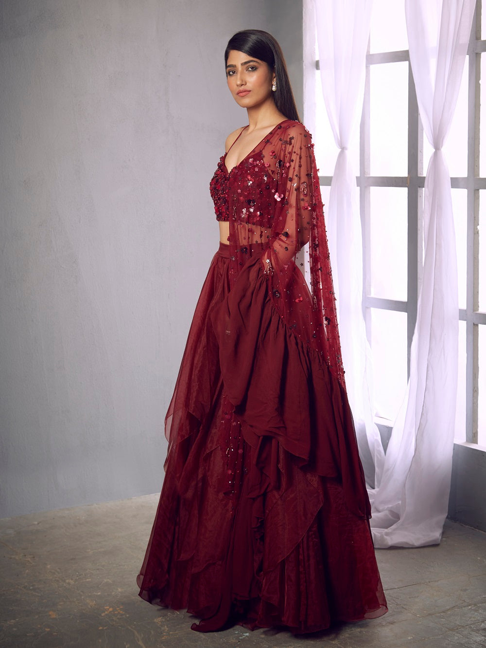 Maroon embroidered halter crop with skirt