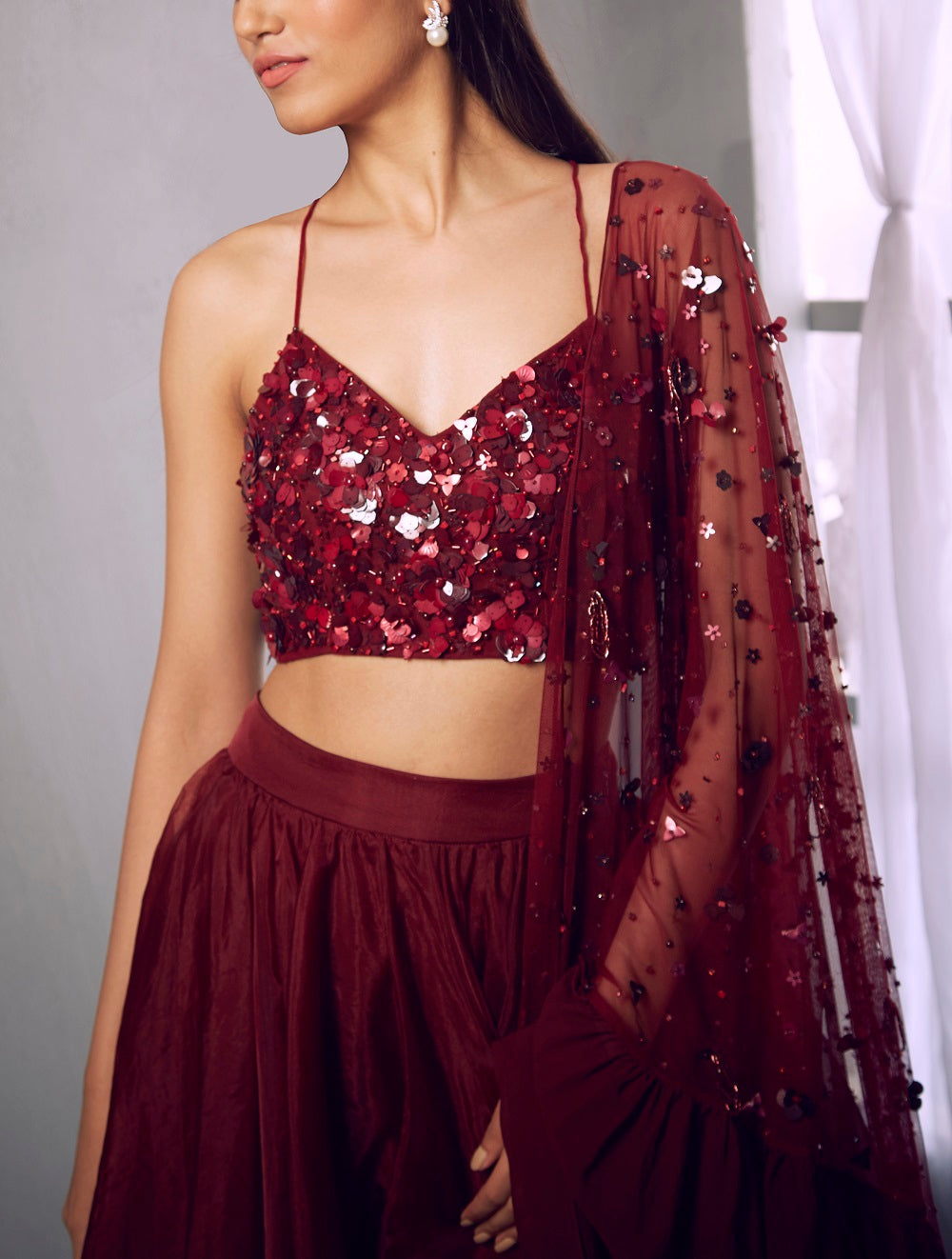 Maroon embroidered halter crop with skirt