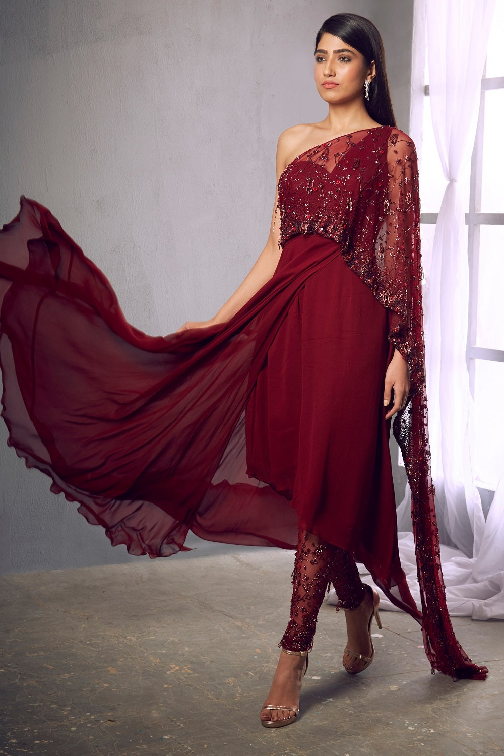 Maroon asymmetric embellished anarkali