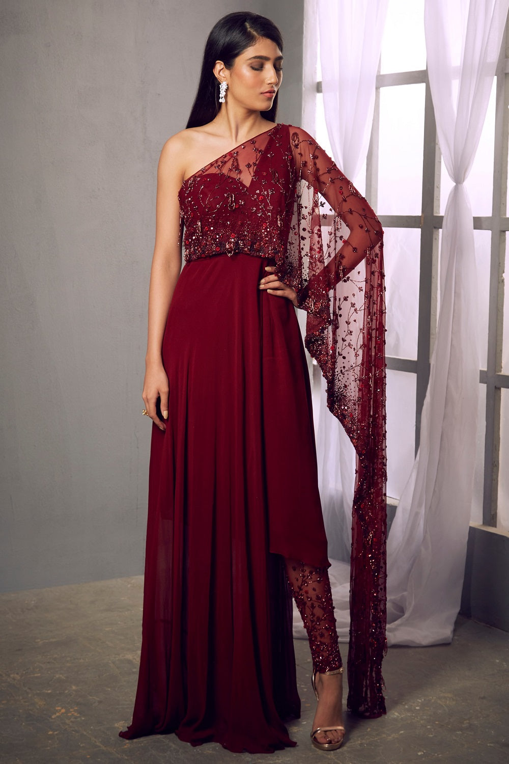 Maroon asymmetric embellished anarkali